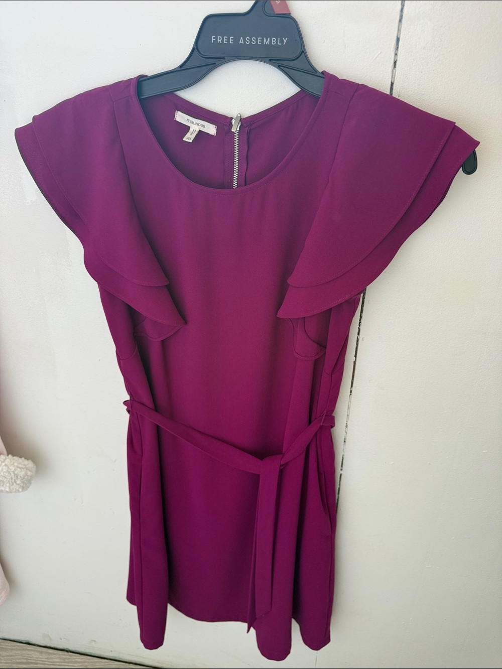 Maurices SZ XS Plum Flutter Sleeve Belted Mini Dress
